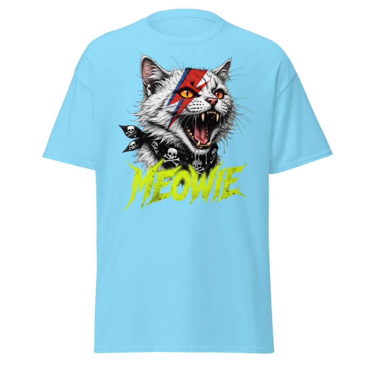 Meowie Cat T-Shirt | David Bowie Lightning Rock Tee - Sky - TeeRipple