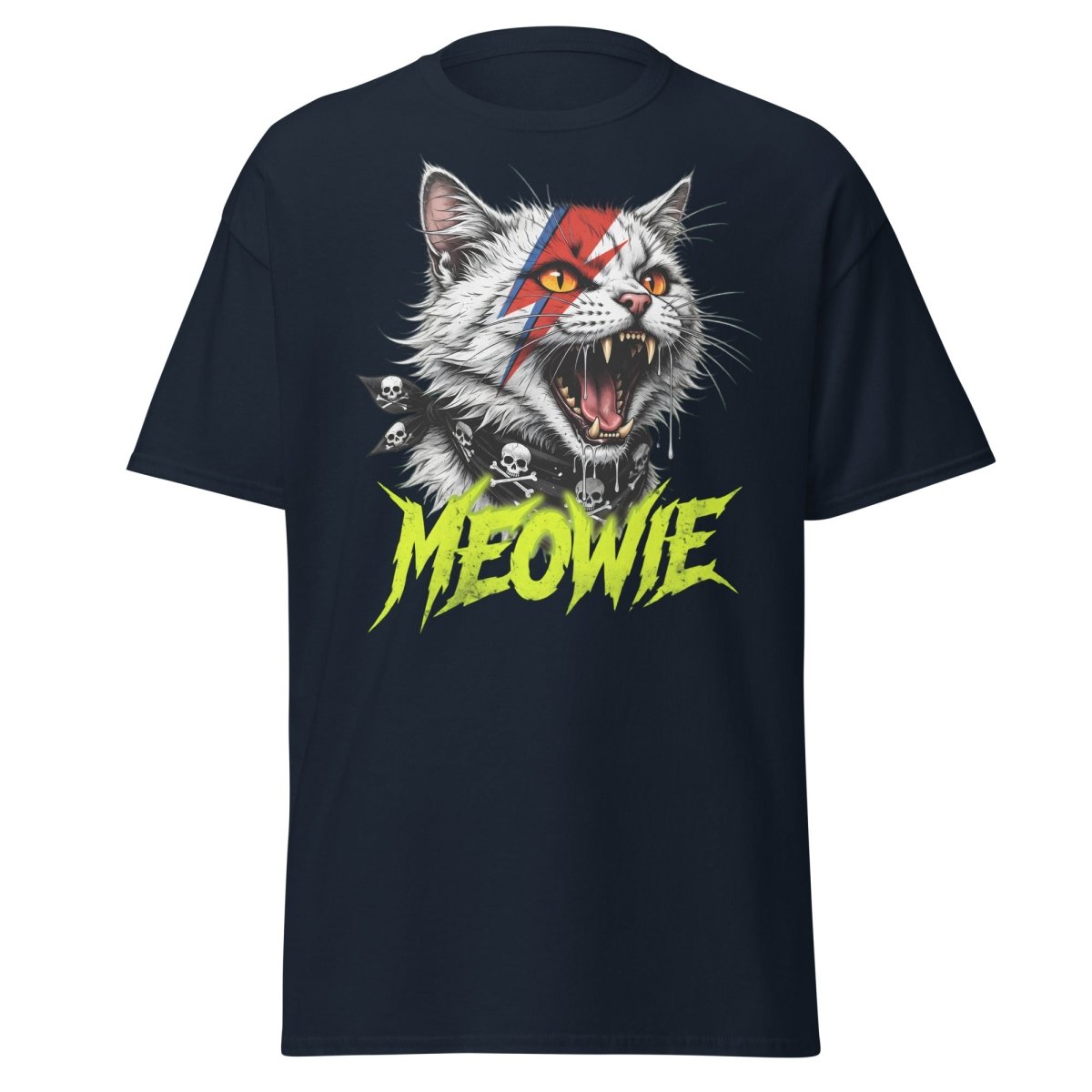 Meowie Cat T-Shirt | David Bowie Lightning Rock Tee - Navy - TeeRipple