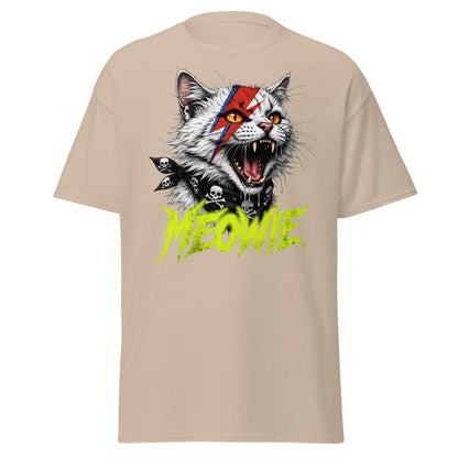 Meowie Cat T-Shirt | David Bowie Lightning Rock Tee - Sand - TeeRipple
