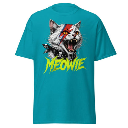 Meowie Cat T-Shirt | David Bowie Lightning Rock Tee - Tropical Blue - TeeRipple