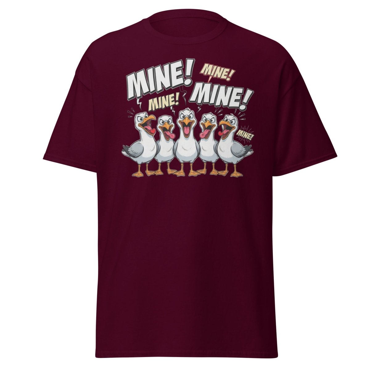 Mine Mine Mine Seagulls T-Shirt | Funny Cartoon Tee - Maroon - TeeRipple