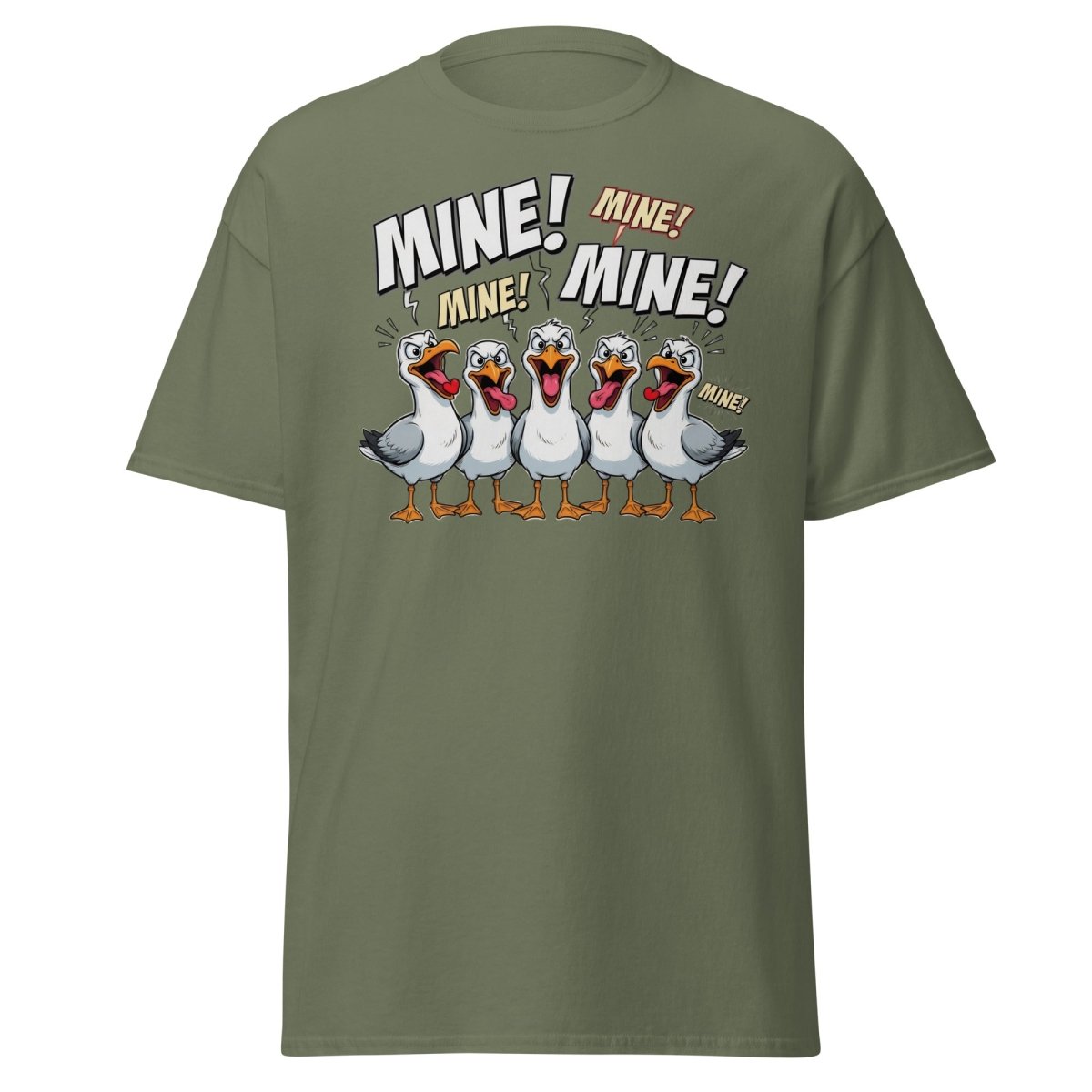 Mine Mine Mine Seagulls T-Shirt | Funny Cartoon Tee - Military Green - TeeRipple