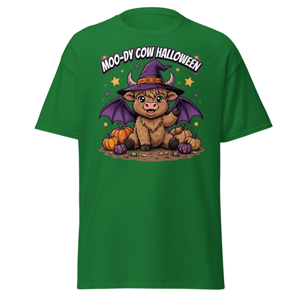 Moo-dy Cow Halloween T-Shirt | Cute Witch Highland Cow Tee - Turf Green - TeeRipple