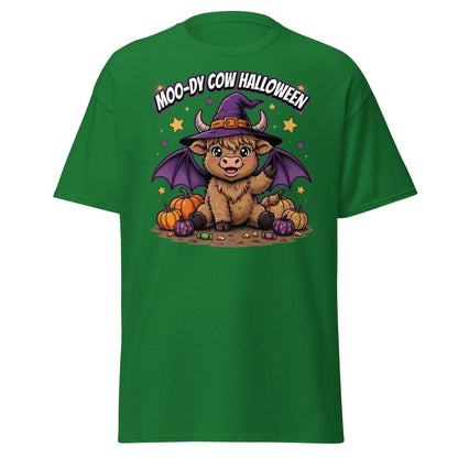 Moo-dy Cow Halloween T-Shirt | Cute Witch Highland Cow Tee - Turf Green - TeeRipple