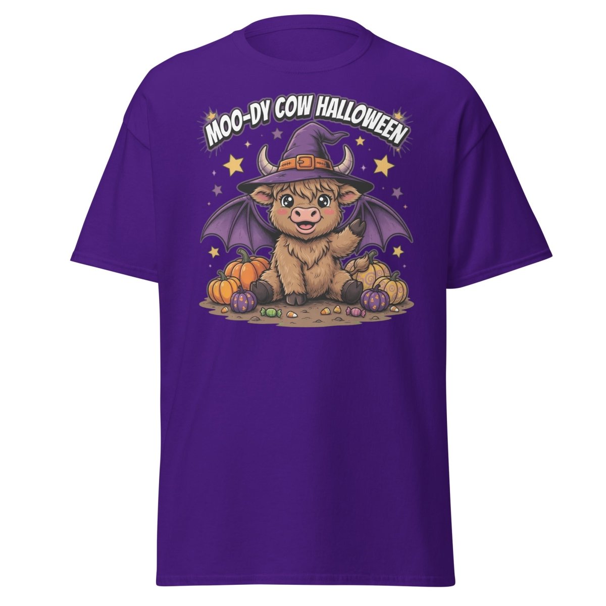 Moo-dy Cow Halloween T-Shirt | Cute Witch Highland Cow Tee - Purple - TeeRipple