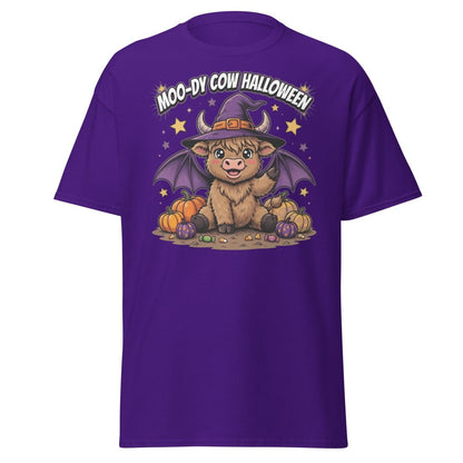 Moo-dy Cow Halloween T-Shirt | Cute Witch Highland Cow Tee - Purple - TeeRipple