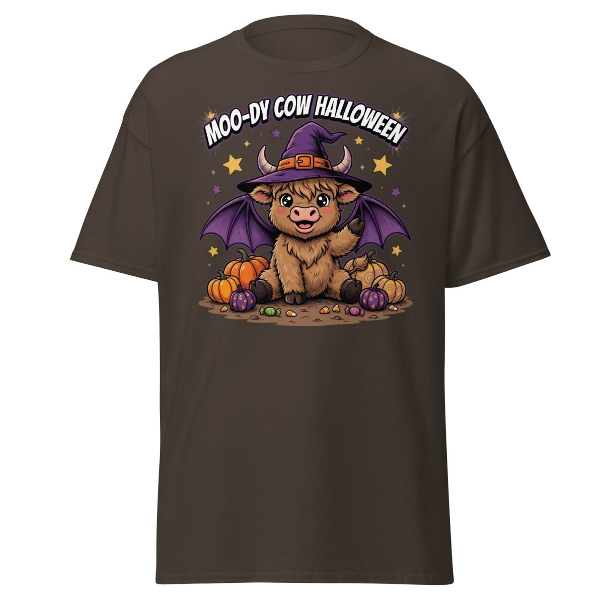 Moo-dy Cow Halloween T-Shirt | Cute Witch Highland Cow Tee - Dark Chocolate - TeeRipple