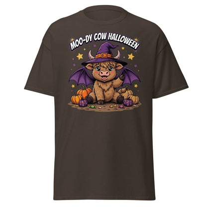 Moo-dy Cow Halloween T-Shirt | Cute Witch Highland Cow Tee - Dark Chocolate - TeeRipple