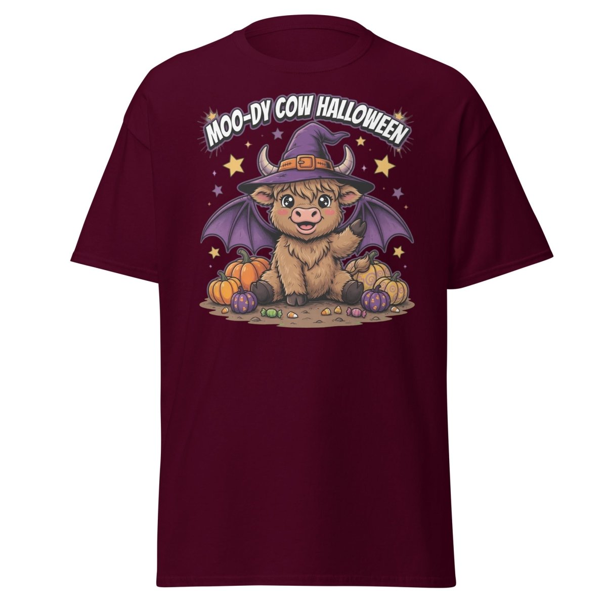 Moo-dy Cow Halloween T-Shirt | Cute Witch Highland Cow Tee - Maroon - TeeRipple