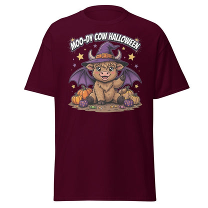 Moo-dy Cow Halloween T-Shirt | Cute Witch Highland Cow Tee - Maroon - TeeRipple