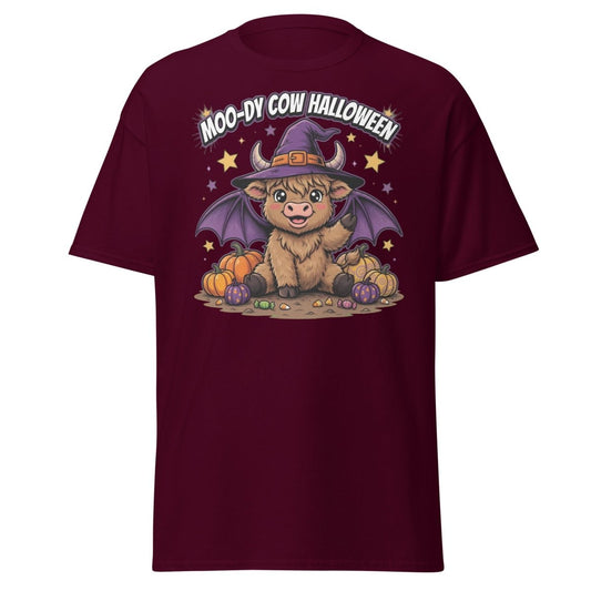 Moo-dy Cow Halloween T-Shirt | Cute Witch Highland Cow Tee - Maroon - TeeRipple