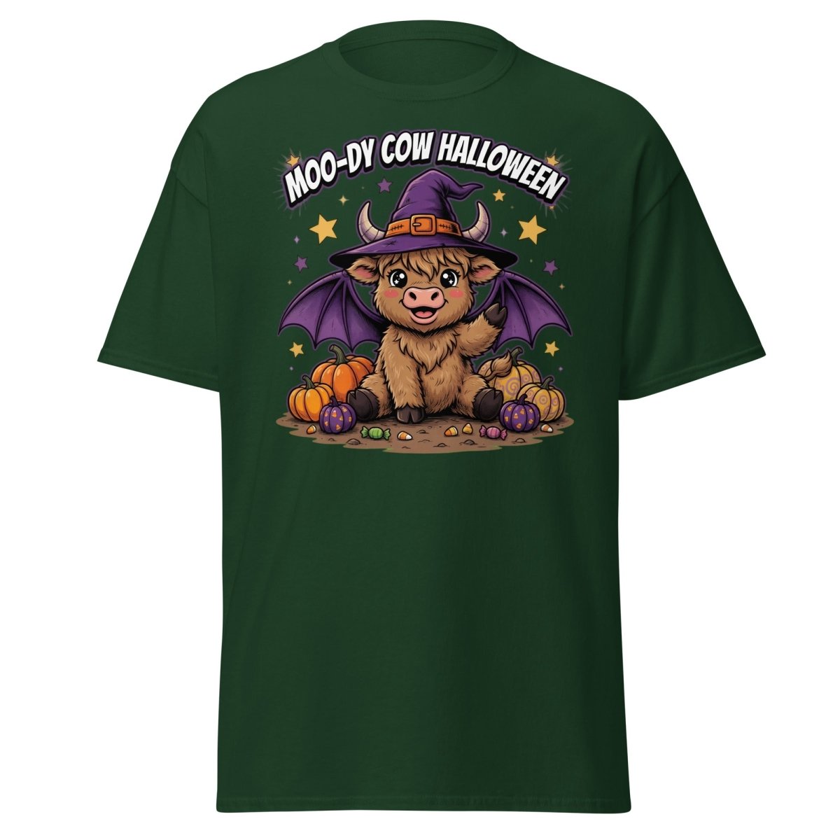 Moo-dy Cow Halloween T-Shirt | Cute Witch Highland Cow Tee - Forest Green - TeeRipple