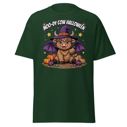 Moo-dy Cow Halloween T-Shirt | Cute Witch Highland Cow Tee - Forest Green - TeeRipple