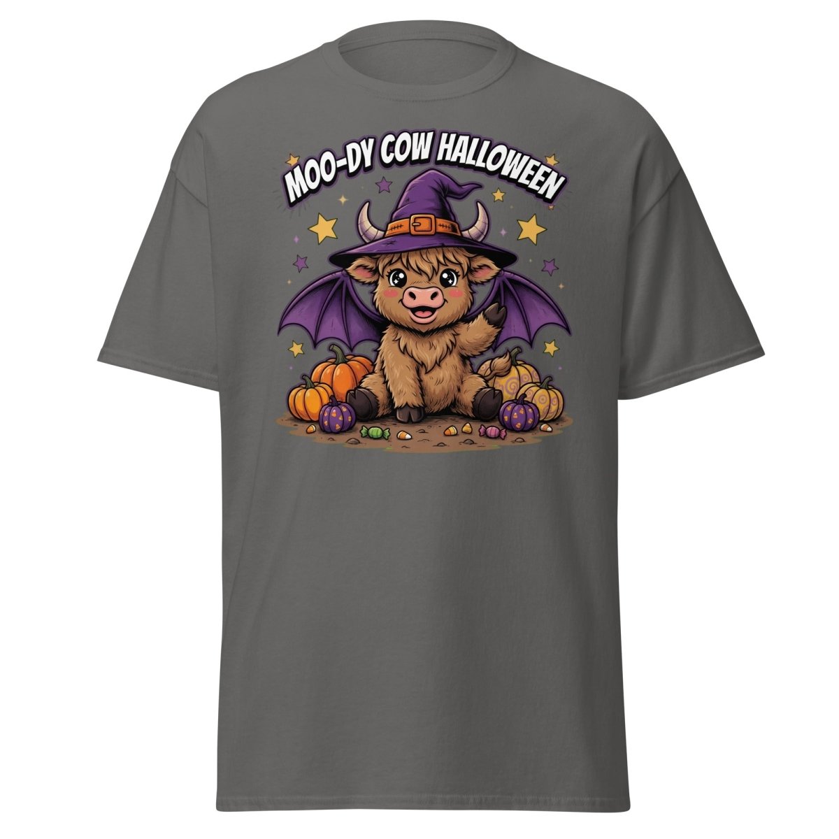 Moo-dy Cow Halloween T-Shirt | Cute Witch Highland Cow Tee - Charcoal - TeeRipple