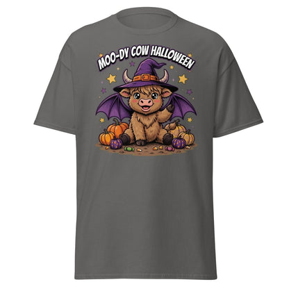 Moo-dy Cow Halloween T-Shirt | Cute Witch Highland Cow Tee - Charcoal - TeeRipple