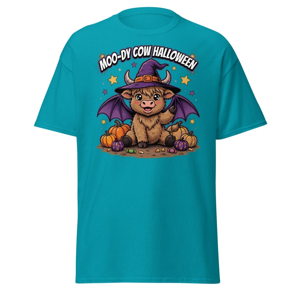 Moo-dy Cow Halloween T-Shirt | Cute Witch Highland Cow Tee - Tropical Blue - TeeRipple