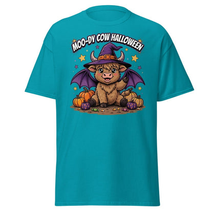 Moo-dy Cow Halloween T-Shirt | Cute Witch Highland Cow Tee - Tropical Blue - TeeRipple