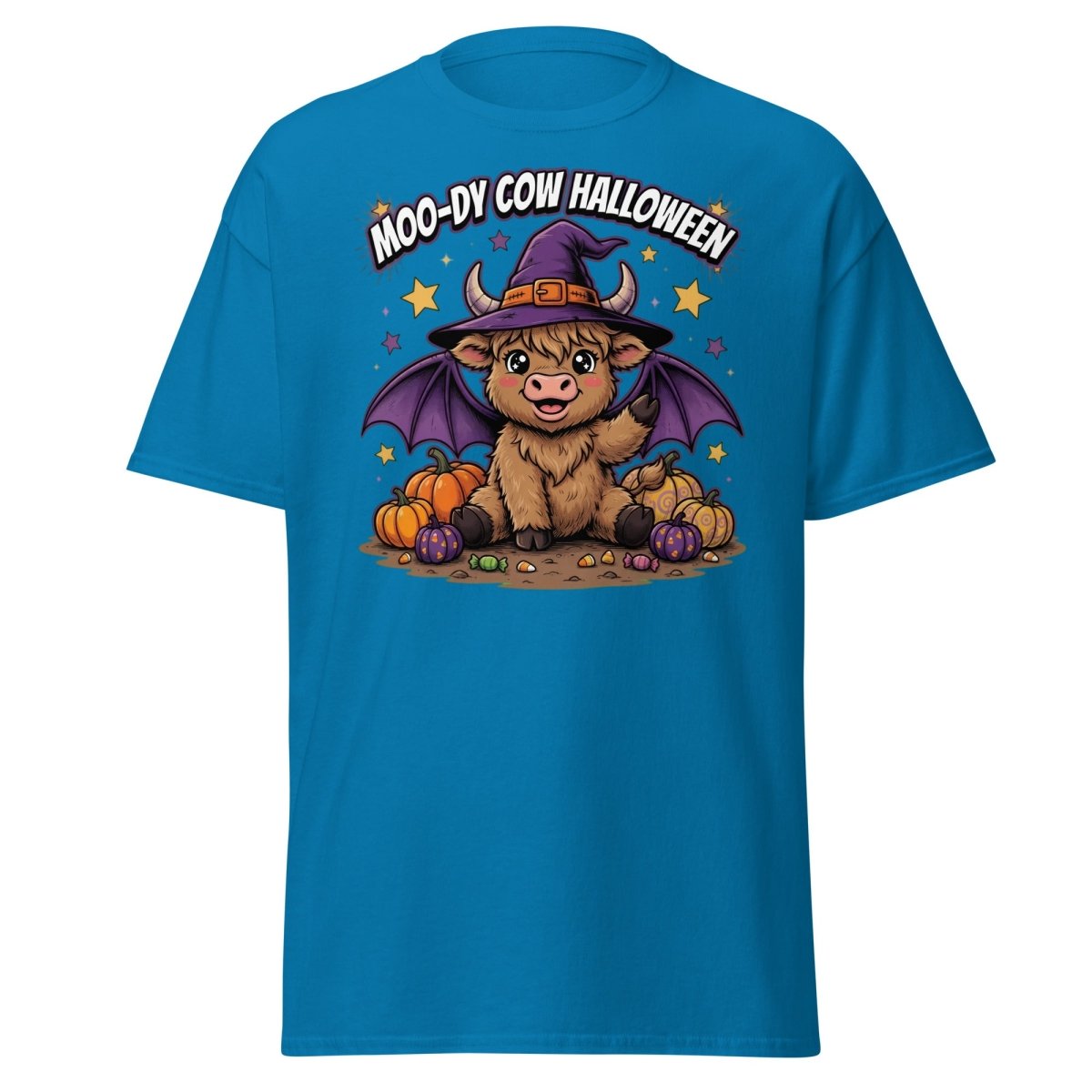 Moo-dy Cow Halloween T-Shirt | Cute Witch Highland Cow Tee - Sapphire - TeeRipple