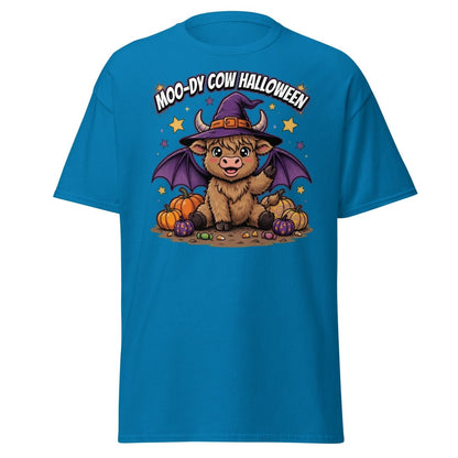 Moo-dy Cow Halloween T-Shirt | Cute Witch Highland Cow Tee - Sapphire - TeeRipple