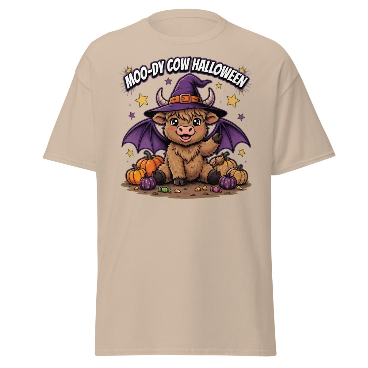 Moo-dy Cow Halloween T-Shirt | Cute Witch Highland Cow Tee - Sand - TeeRipple