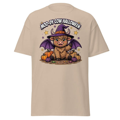 Moo-dy Cow Halloween T-Shirt | Cute Witch Highland Cow Tee - Sand - TeeRipple