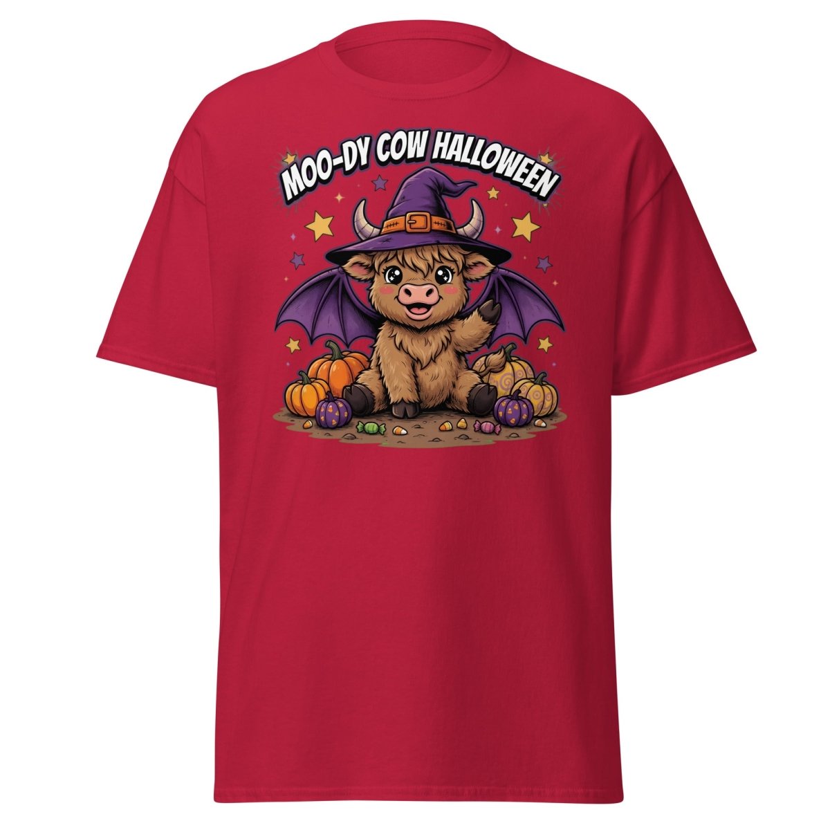 Moo-dy Cow Halloween T-Shirt | Cute Witch Highland Cow Tee - Cardinal - TeeRipple