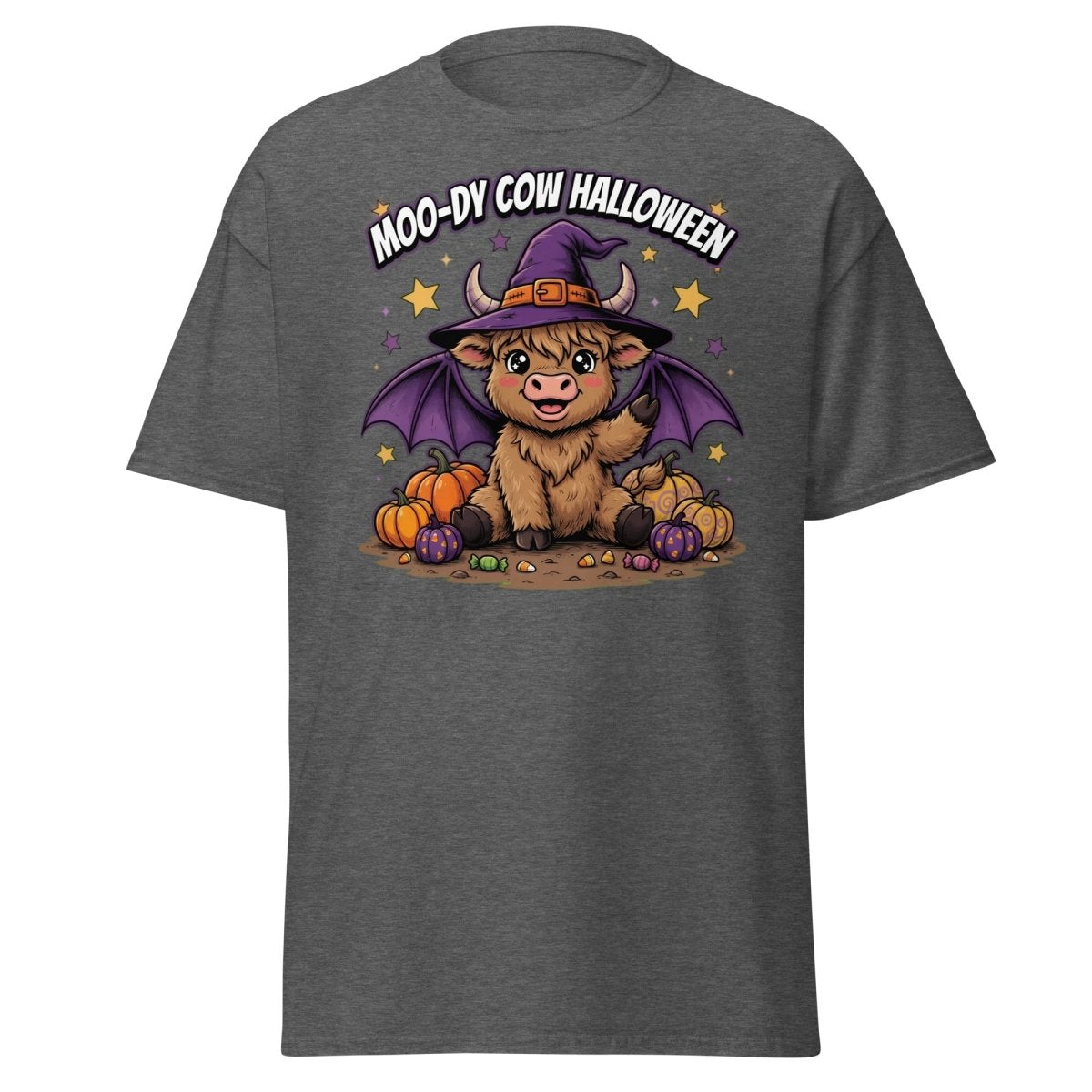 Moo-dy Cow Halloween T-Shirt | Cute Witch Highland Cow Tee - Dark Heather - TeeRipple
