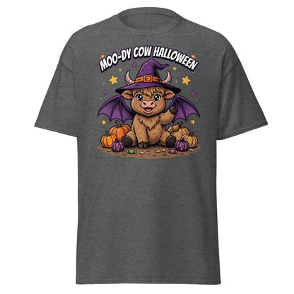 Moo-dy Cow Halloween T-Shirt | Cute Witch Highland Cow Tee - Dark Heather - TeeRipple