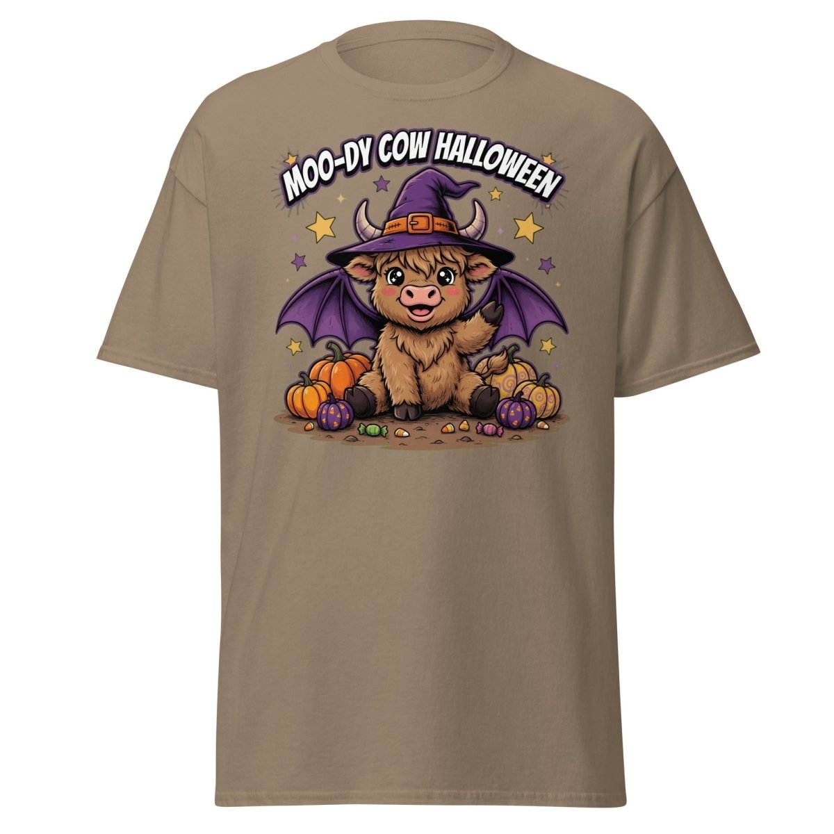 Moo-dy Cow Halloween T-Shirt | Cute Witch Highland Cow Tee - Brown Savana - TeeRipple