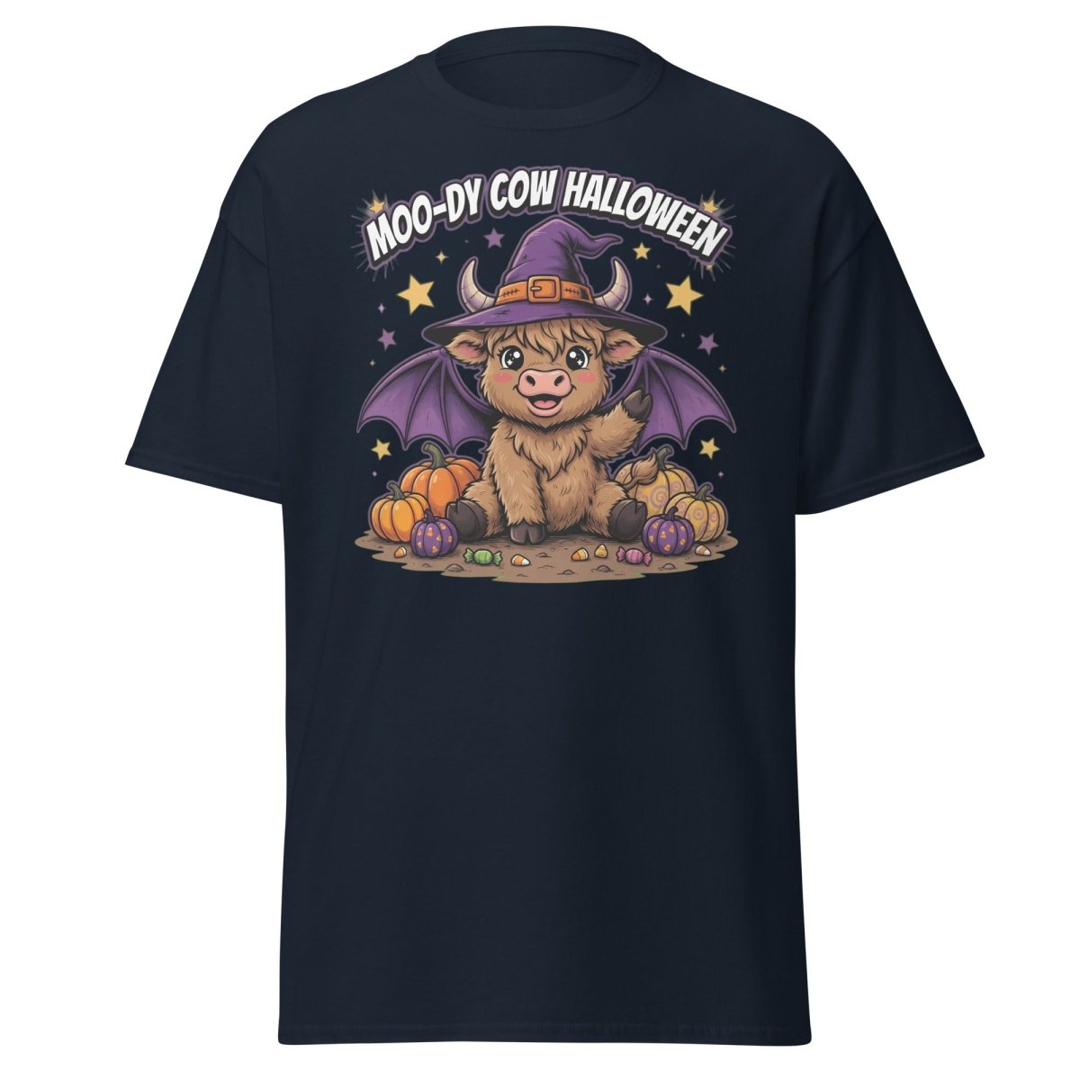 Moo-dy Cow Halloween T-Shirt | Cute Witch Highland Cow Tee - Navy - TeeRipple