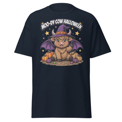 Moo-dy Cow Halloween T-Shirt | Cute Witch Highland Cow Tee - Navy - TeeRipple