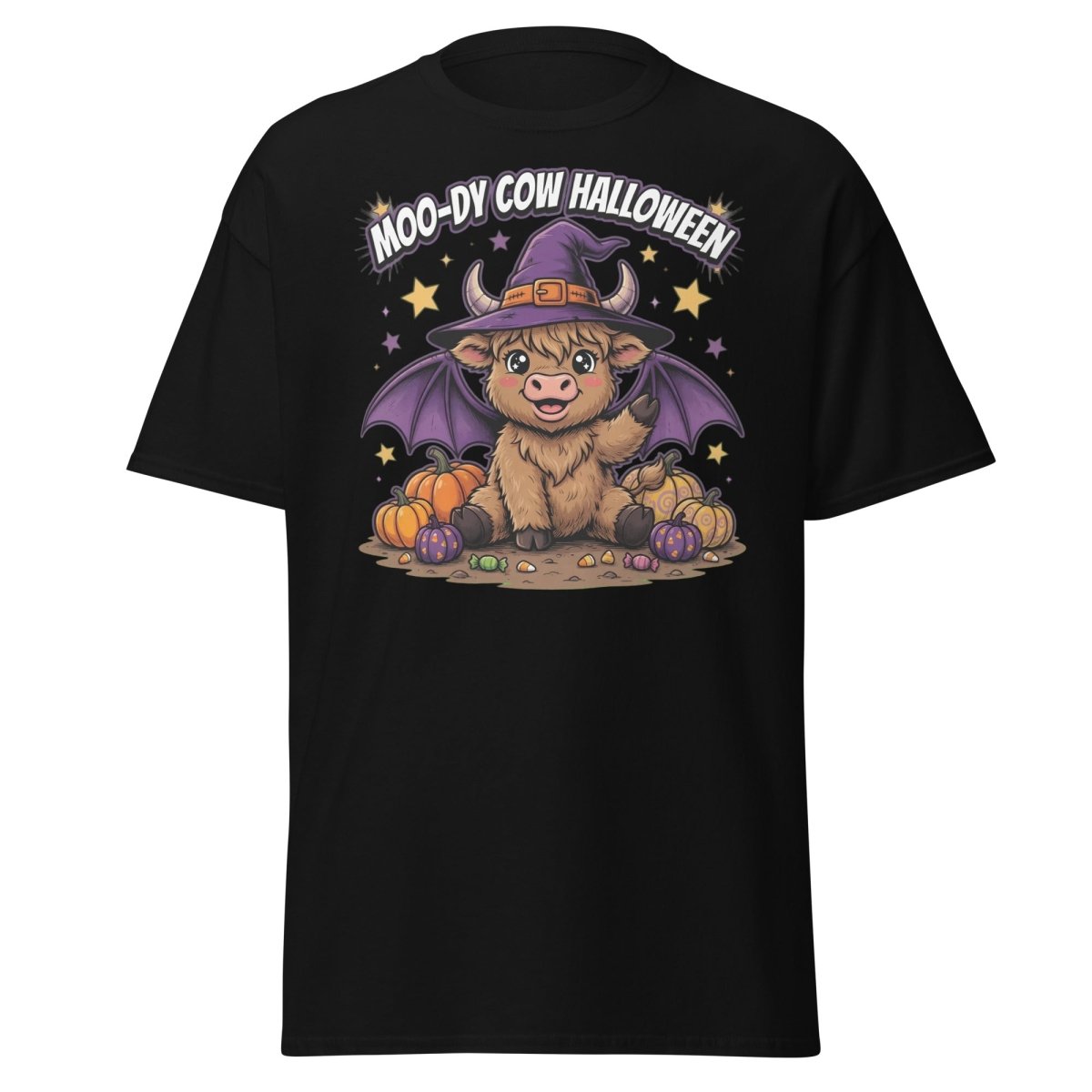 Moo-dy Cow Halloween T-Shirt | Cute Witch Highland Cow Tee - Black - TeeRipple