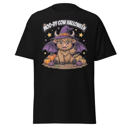 Moo-dy Cow Halloween T-Shirt | Cute Witch Highland Cow Tee - Black - TeeRipple