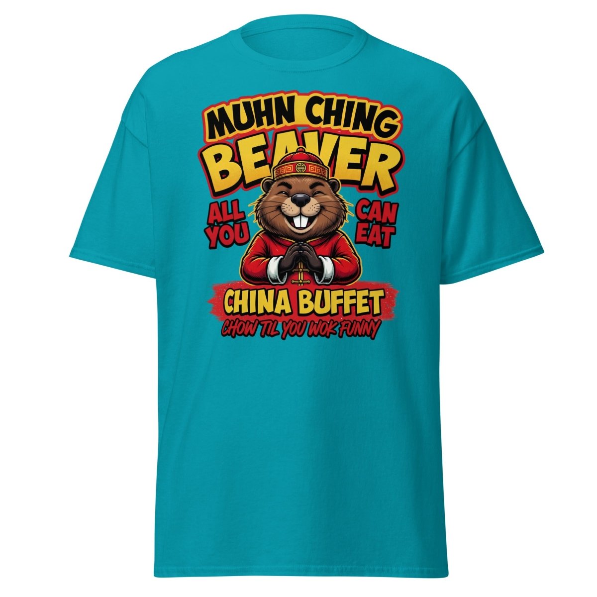 Muhn Ching Beaver China Buffet Funny Pun T-Shirt - Tropical Blue - TeeRipple