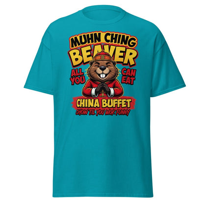 Muhn Ching Beaver China Buffet Funny Pun T-Shirt - Tropical Blue - TeeRipple