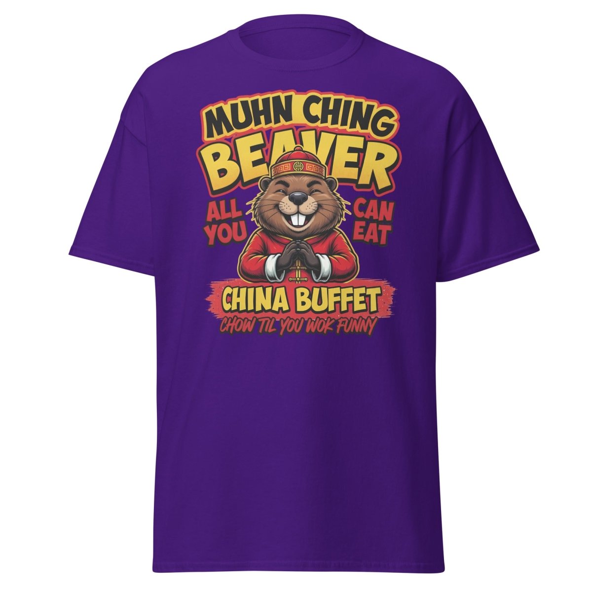 Muhn Ching Beaver China Buffet Funny Pun T-Shirt - Purple - TeeRipple
