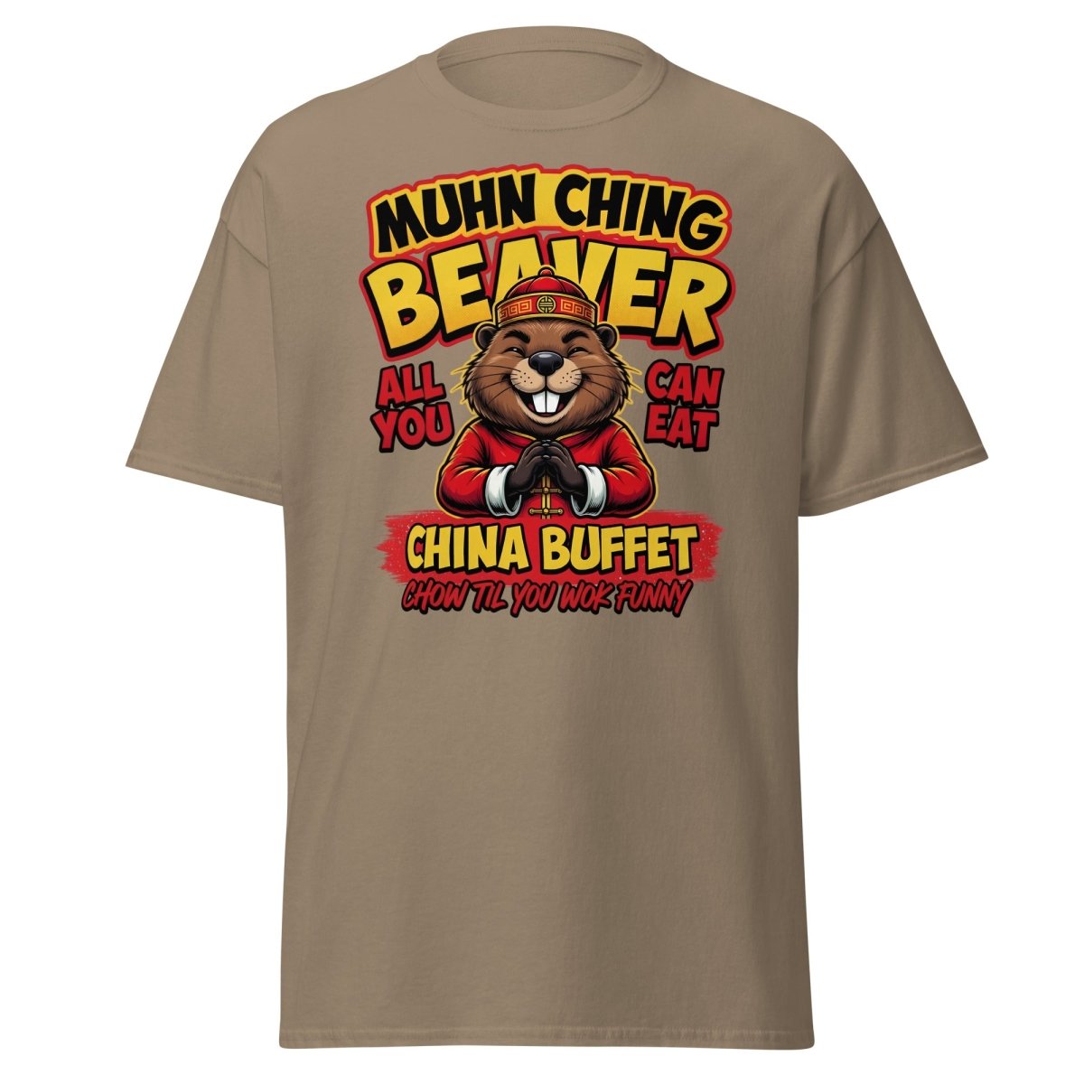 Muhn Ching Beaver China Buffet Funny Pun T-Shirt - Brown Savana - TeeRipple