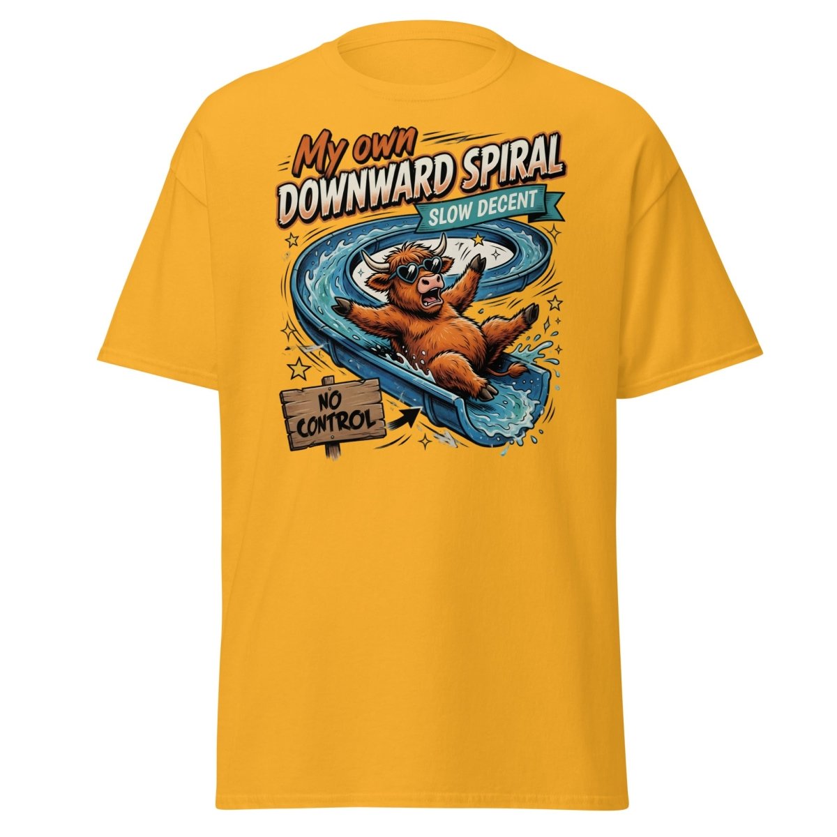 My Own Downward Spiral T-Shirt | Funny Cow Water Slide Tee - Gold - TeeRipple