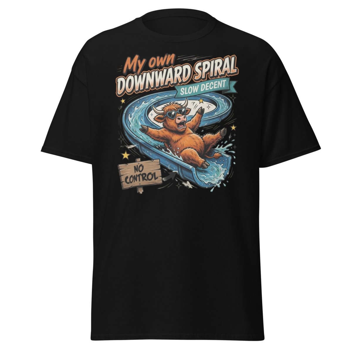 My Own Downward Spiral T-Shirt | Funny Cow Water Slide Tee - Black - TeeRipple