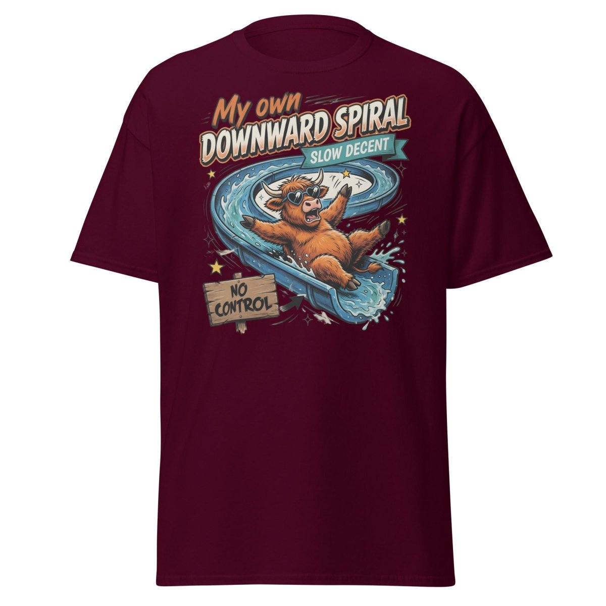 My Own Downward Spiral T-Shirt | Funny Cow Water Slide Tee - Maroon - TeeRipple