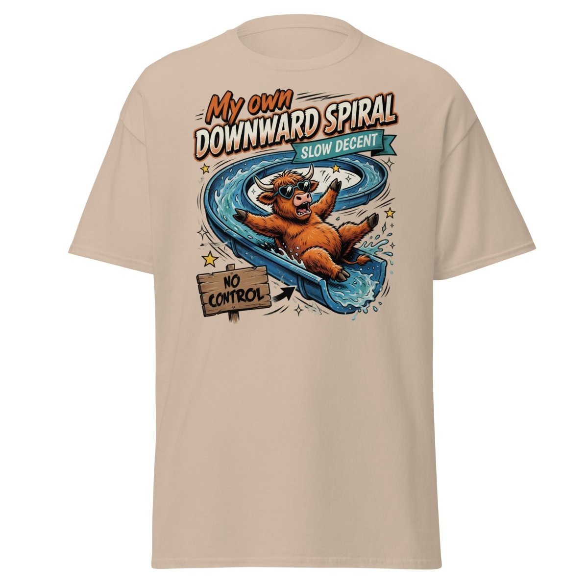 My Own Downward Spiral T-Shirt | Funny Cow Water Slide Tee - Sand - TeeRipple