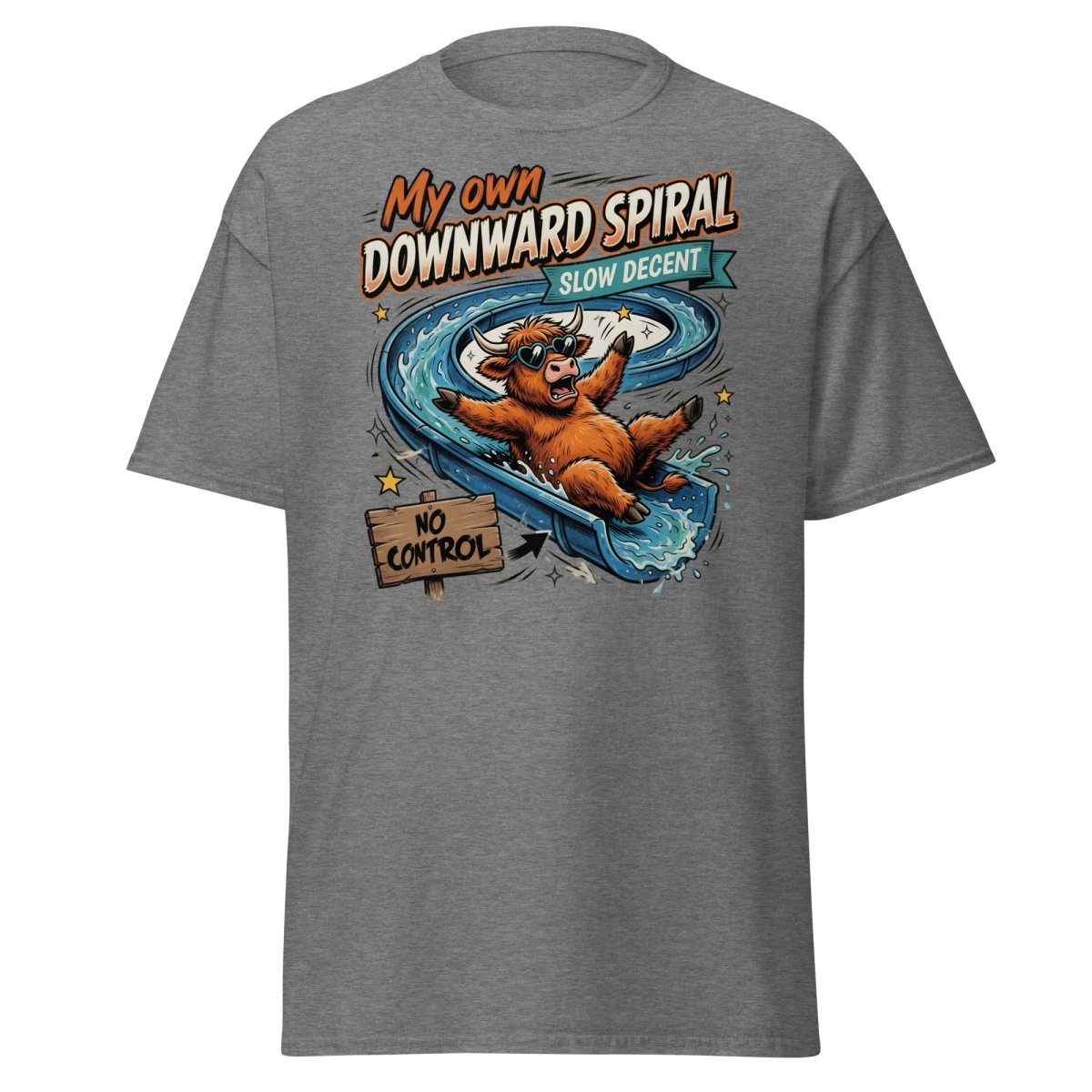 My Own Downward Spiral T-Shirt | Funny Cow Water Slide Tee - Graphite Heather - TeeRipple