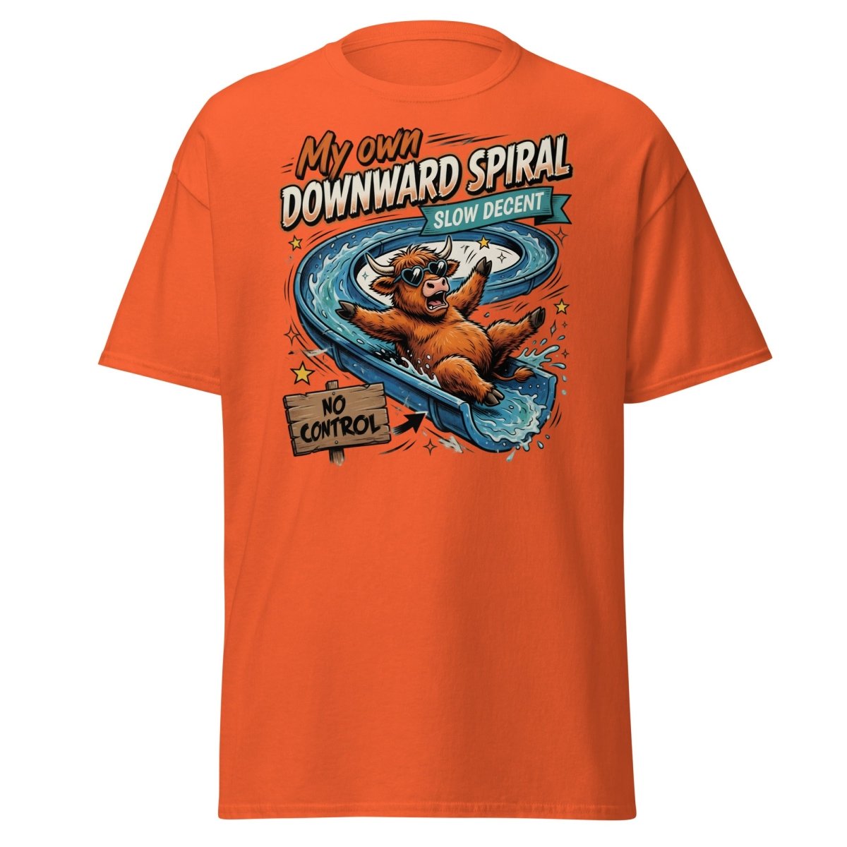 My Own Downward Spiral T-Shirt | Funny Cow Water Slide Tee - Orange - TeeRipple