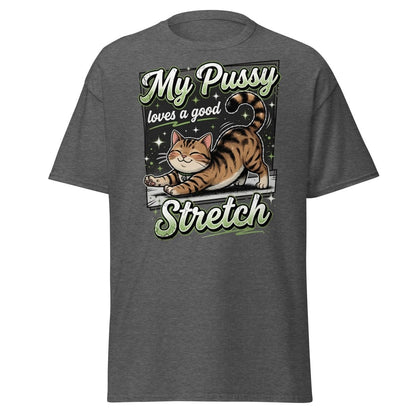My Pussy Loves a Good Stretch Funny Cat T-Shirt - Dark Heather - TeeRipple