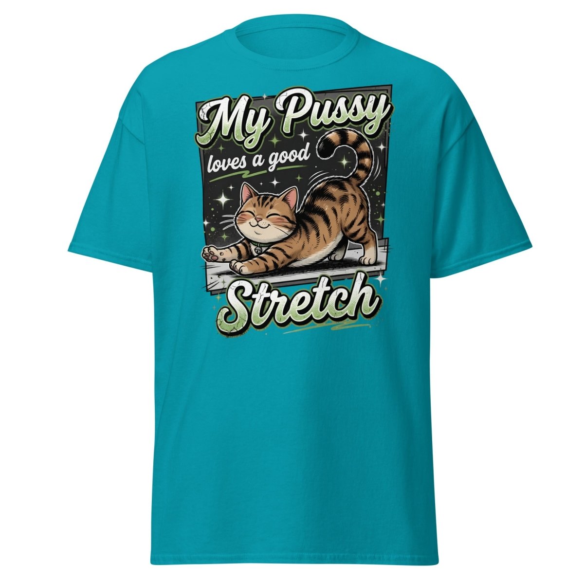 My Pussy Loves a Good Stretch Funny Cat T-Shirt - Tropical Blue - TeeRipple