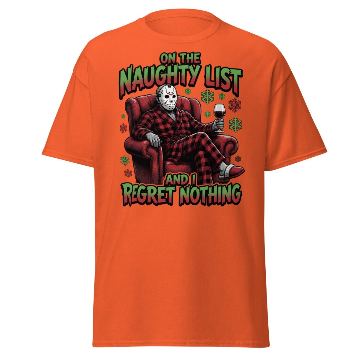 Naughty List Jason Voorhees T-Shirt - Funny Christmas Tee - Orange - TeeRipple