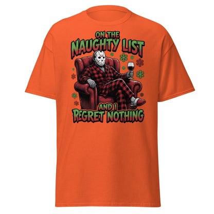 Naughty List Jason Voorhees T-Shirt - Funny Christmas Tee - Orange - TeeRipple