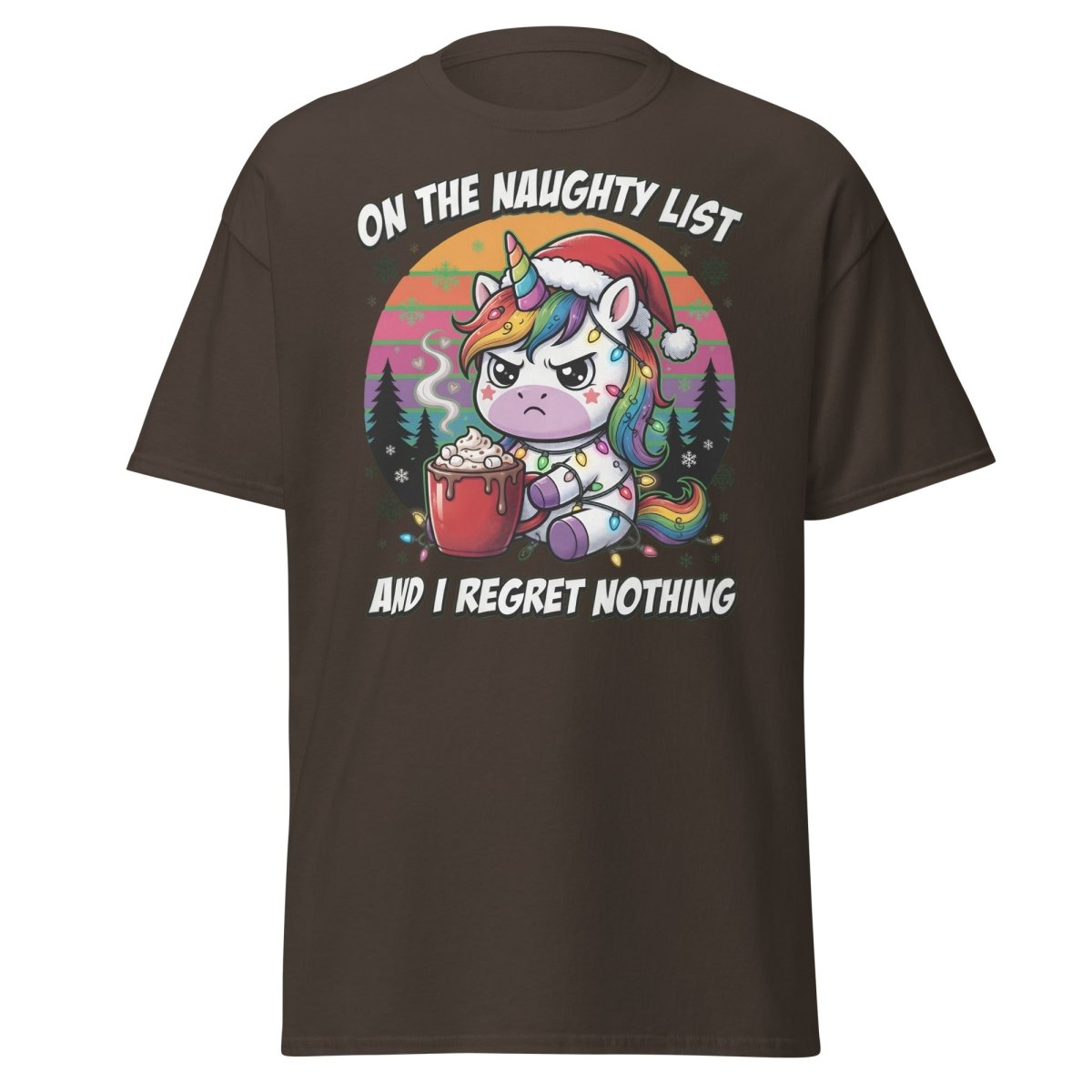Naughty List Unicorn Christmas T-Shirt - Dark Chocolate - TeeRipple