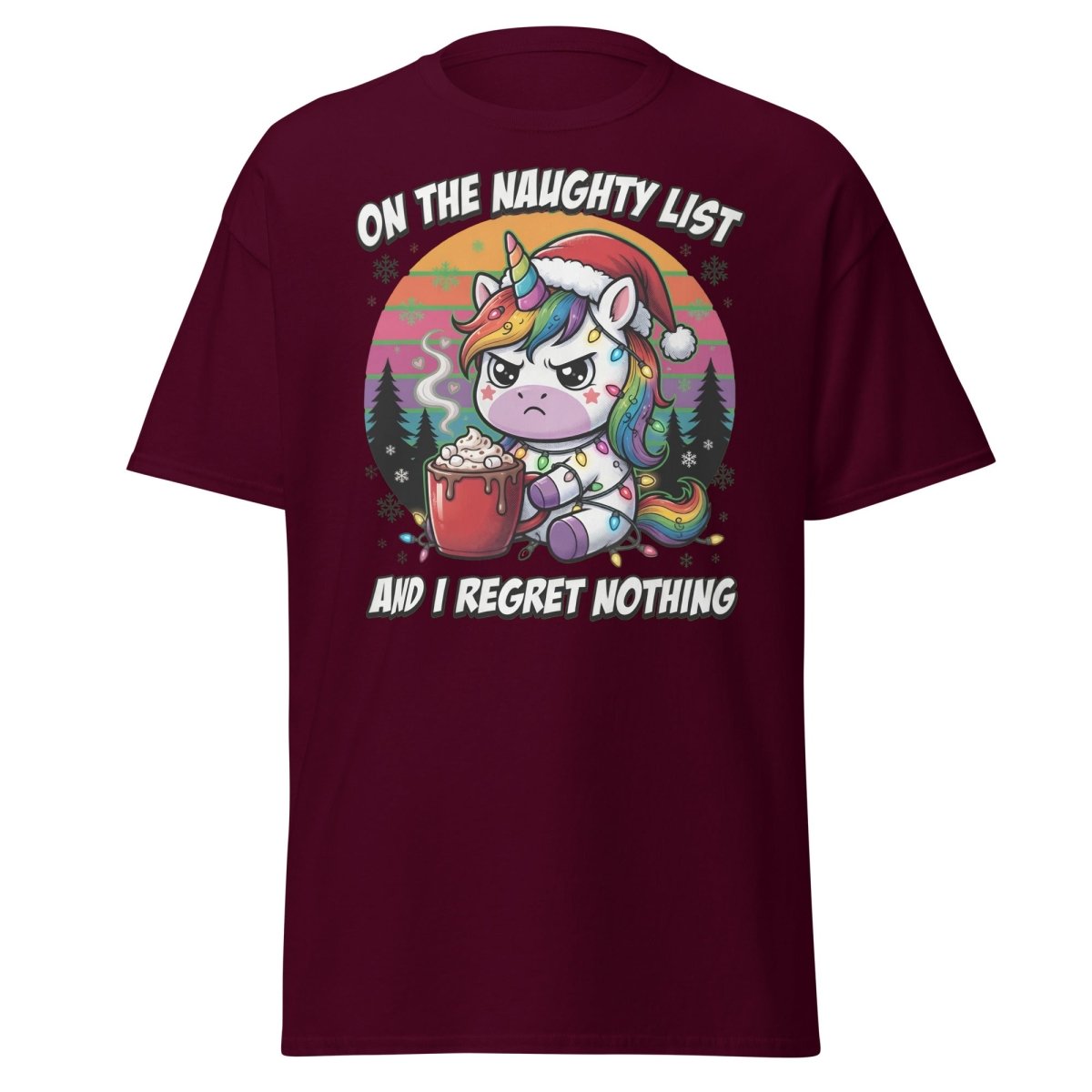 Naughty List Unicorn Christmas T-Shirt - Maroon - TeeRipple
