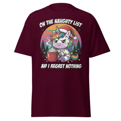 Naughty List Unicorn Christmas T-Shirt - Maroon - TeeRipple